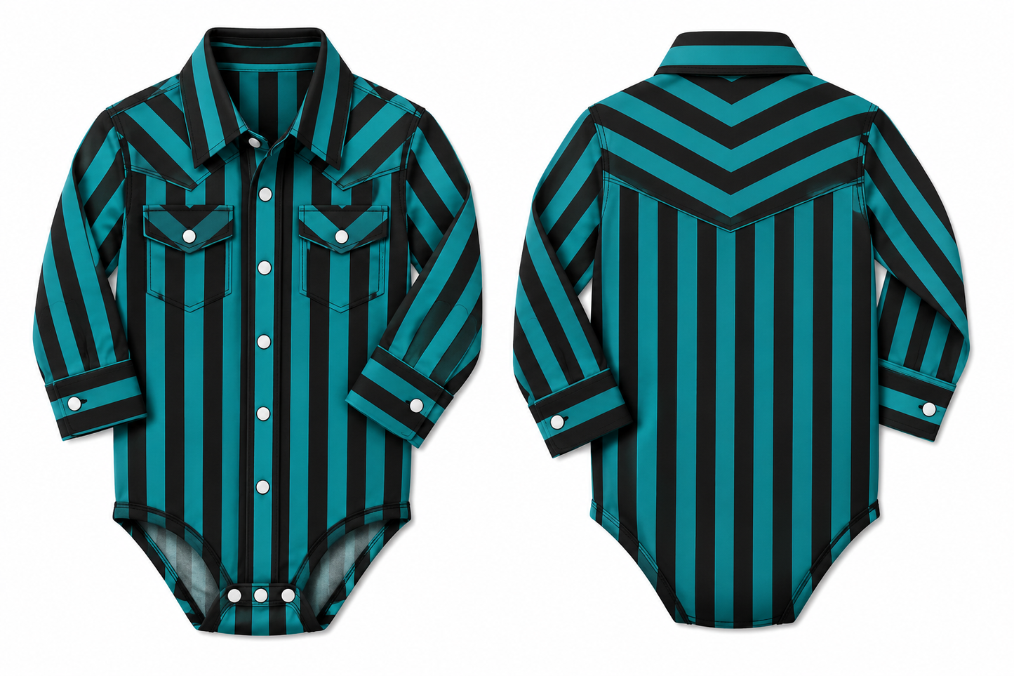Long sleeve teal and black performance pearl snap infant onsie
