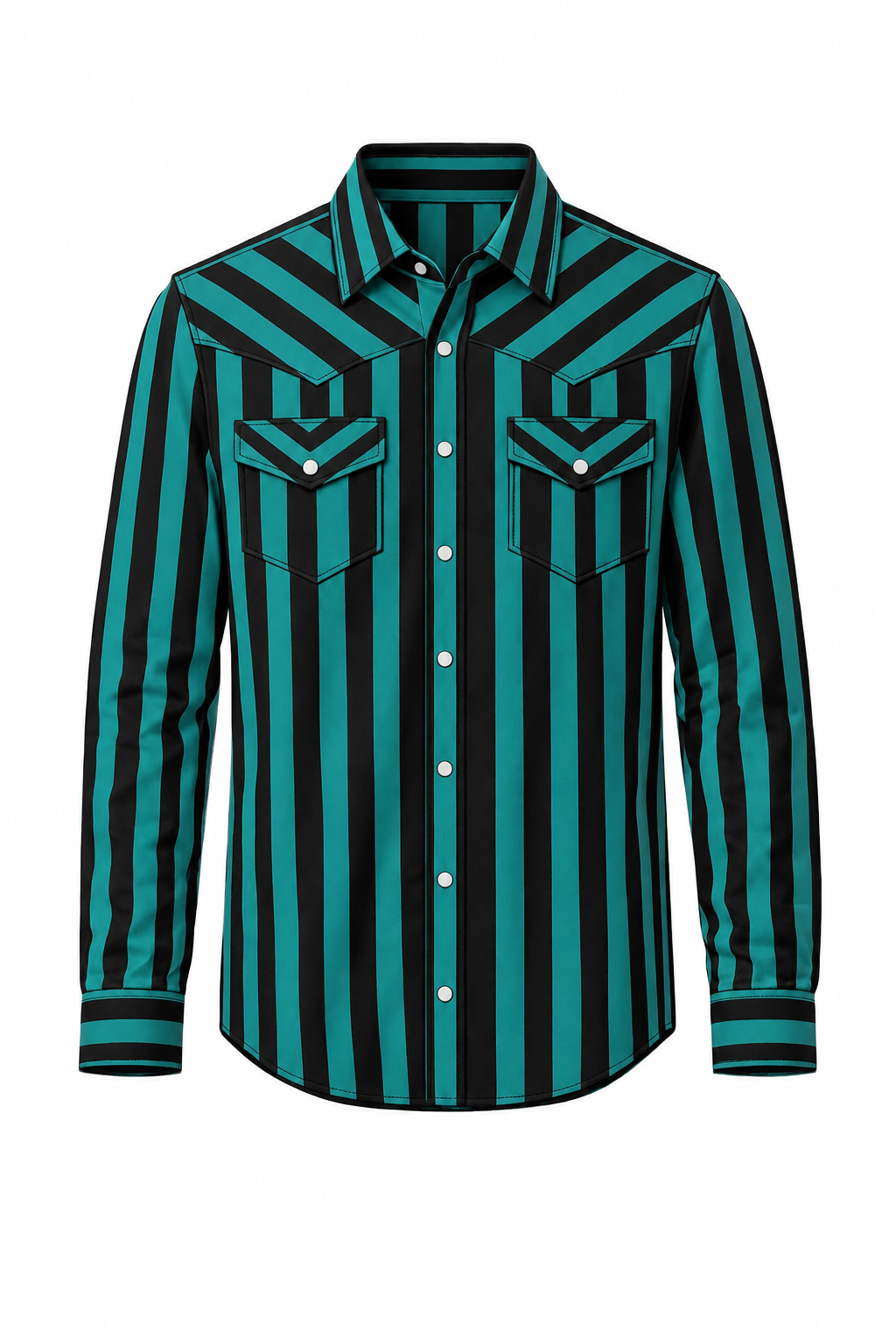 Long sleeve teal and black pearl snap performance top